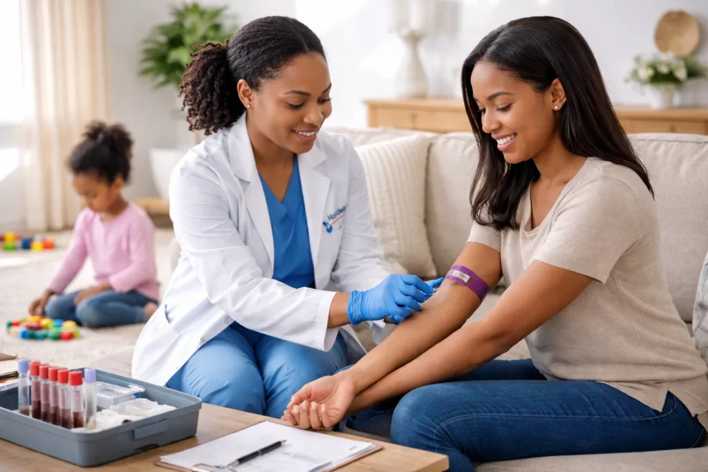 A phlebotomist drawing blood from a seated patient in her living room while her child plays nearby